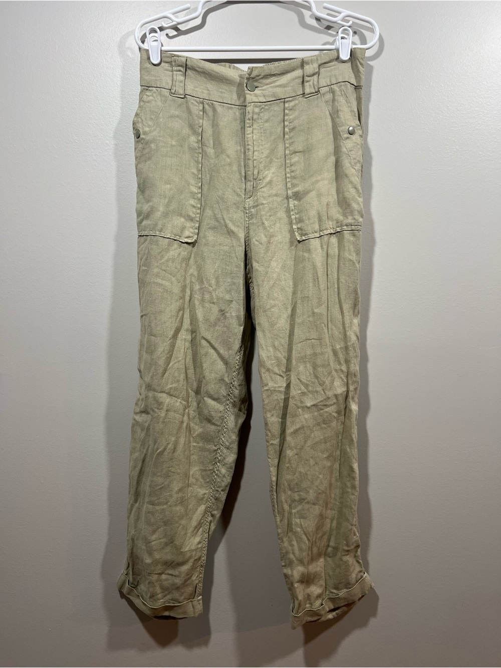 Tahari 100% Linen Lightweight Cargo-Style Chinos in Tan Large